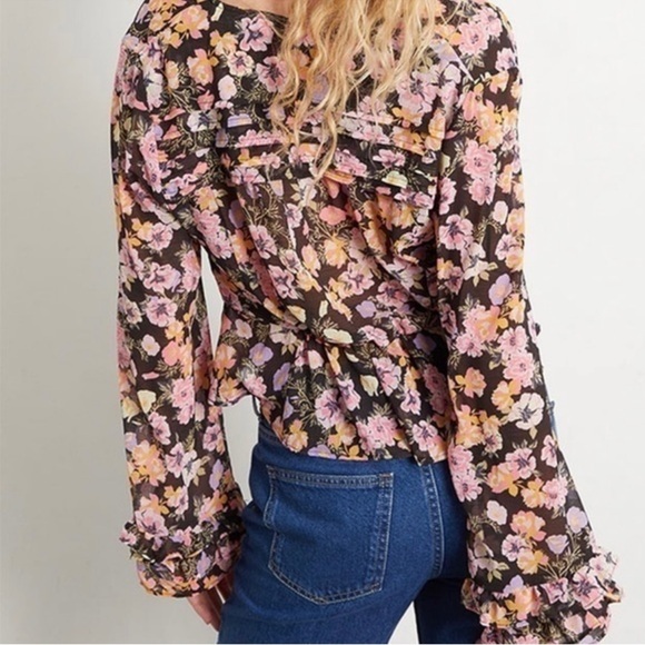 Free People Mayble Floral Tie Front Blouse Black Multi S - Picture 2 of 9